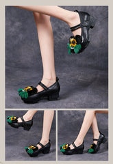 Socofy Retro Ethnic Top Grain Cowhide Chunky Heel Shoes