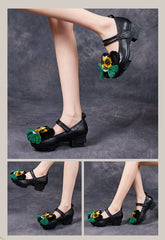 Socofy Retro Ethnic Top Grain Cowhide Chunky Heel Shoes