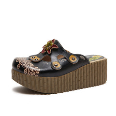 Socofy Handmade Ethnic Style Leather Floral Platform Slippers