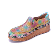 Socofy Handmade Leather Retro Printed Casual Shoes