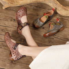 Socofy Summer Breeze Retro Handmade Leather Low Heel Flats