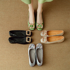 Socofy Leather Rhinestone Square Toe Chunky Heel Flats