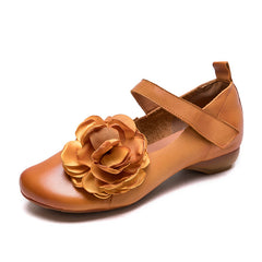 Socofy Vintage Top Grain Leather Flower Flats