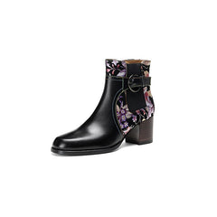 Socofy Autumn Winter Round Toe Color Block Leather Short Boots