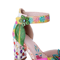 Socofy Summer Leather Flower High Heel Sandals