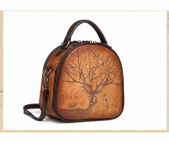 Socofy Full Grain Leather Handmade Deer Print Shell Bag