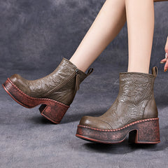 Socofy Vintage Leather Printed High Heel Short Boots