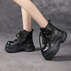 Socofy Leather Vintage Doll Toe Short Boots