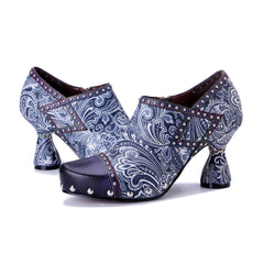 Socofy Fall Winter Handmade Leather Printed Studded High Heel Shoes