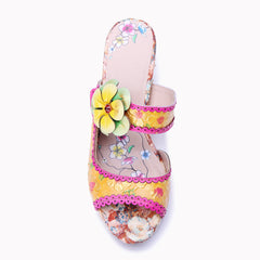 Socofy Summer Handmade Leather Floral High Heel Sandals