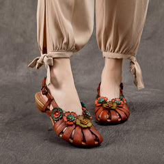 Socofy Handmade Leather Floral Closed Toe Low Heel Sandals