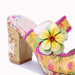 Socofy Summer Handmade Leather Floral High Heel Sandals