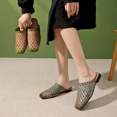Socofy Spring Summer Leather Vintage Flat Slippers