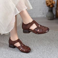 Socofy Vicconfy 2025 Summer Genuine Leather Middle Heel Soft Sole Comfortable Hollow Out Casual Vintage Roman Sandals