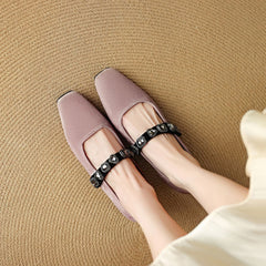 Socofy Autumn Square Toe Sheepskin Metal Buckle Chunky Heel Shoes