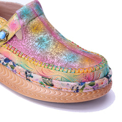 Socofy Handmade Leather Retro Printed Casual Shoes