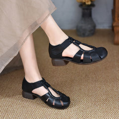 2025 Summer Genuine Leather Comfortable Soft Sole Soft Side Vintage Roman Chunky Heel Flat Sandals