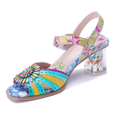 Socofy Handmade Leather Baroque Flower High Heel Sandals