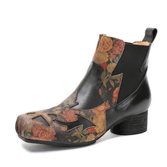 Socofy Handmade Leather Chinese Style Square Toe Engraved Short Boots