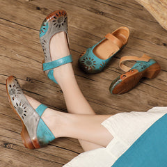Socofy Retro National Style Handmade Leather Hollow Flats