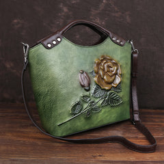 Socofy Top Grain Leather Rose Flower Crossbody Bag