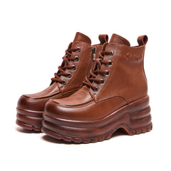 Socofy Top Grain Leather Retro Platform Short Boots