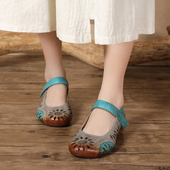 Socofy Retro National Style Handmade Leather Hollow Flats