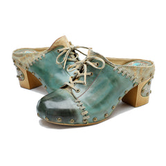 Socofy Leather Retro Street Style Rivet Chunky Heeled High Heels