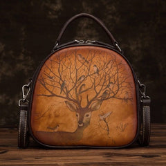 Socofy Full Grain Leather Handmade Deer Print Shell Bag