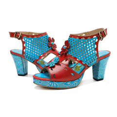 Socofy summer genuine leather retro hollow design high heel sandals