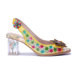 Socofy Handmade Leather Baroque Style Flower High Heel Sandals