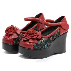 Socofy Handmade Leather Vintage Flower Platform Sandals