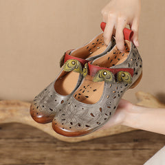 Socofy Summer Breeze Retro Handmade Leather Low Heel Flats