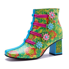 Socofy Handmade Leather Retro Floral Chunky Heel Boots