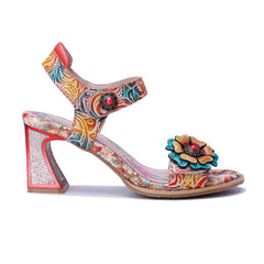 Socofy Summer Handmade Leather Baroque Floral High Heel Sandals