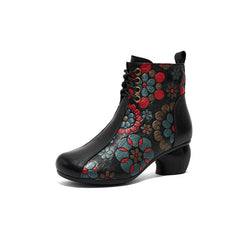 Socofy Leather Print Block Heel Short Boots