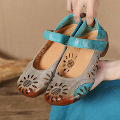 Socofy Retro National Style Handmade Leather Hollow Flats