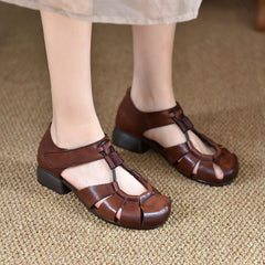 2025 Summer Genuine Leather Comfortable Soft Sole Soft Side Vintage Roman Chunky Heel Flat Sandals