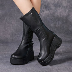 Socofy Top Grain Leather Winter Retro Floral Chunky Sole Mid Boots