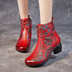 Socofy Leather Print Block Heel Short Boots