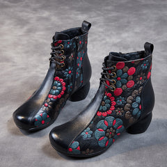Socofy Leather Print Block Heel Short Boots