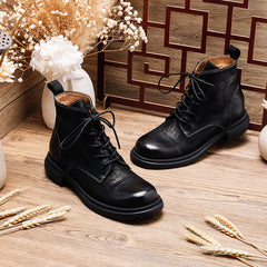 Socofy Handmade Leather Mid Heel Martin Boots