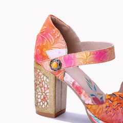 Socofy Handmade Leather Retro Carved High Heels