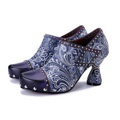 Socofy Fall Winter Handmade Leather Printed Studded High Heel Shoes
