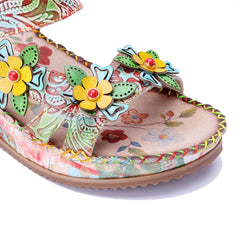 Socofy Handmade Leather Retro Floral Sandals
