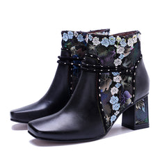 Socofy Retro Grace Handmade Leather Chunky Heel Boots