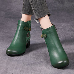 Socofy Full Grain Leather Mid Heel Short Boots