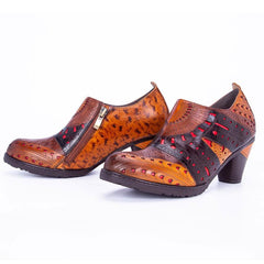 Socofy thick heel low top round toe eyelte deco women's retro heels pumps