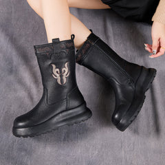 Socofy Top Grain Leather Retro Floral Embroidery Boots