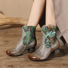 Socofy Handcrafted Leather Retro National Style Floral Mid Calf Boots